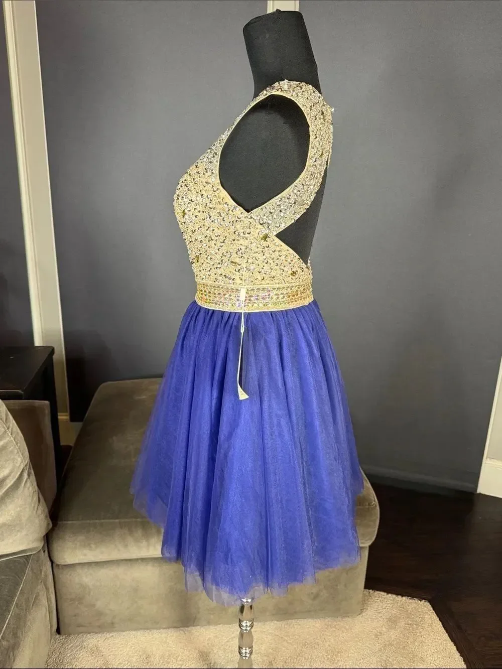 Women’s Embellished Sequin Beaded Bodice Royal Blue Tulle Party Dress Size 2 NWT